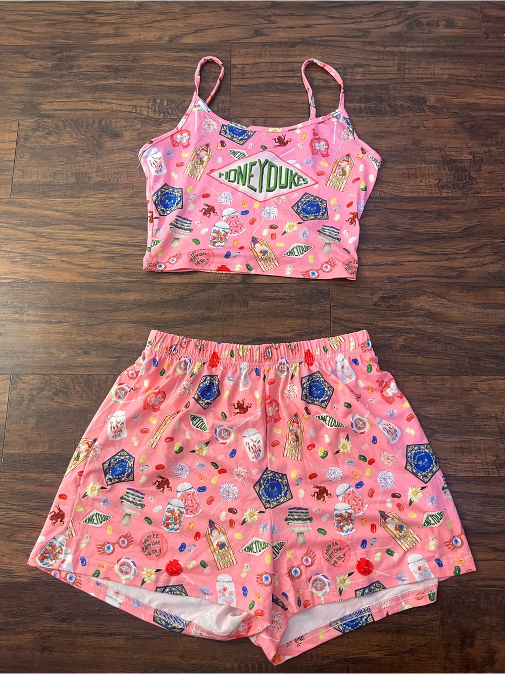 Pink Candy-Themed Two-Piece Pajama Set - Crop Cami & Shorts